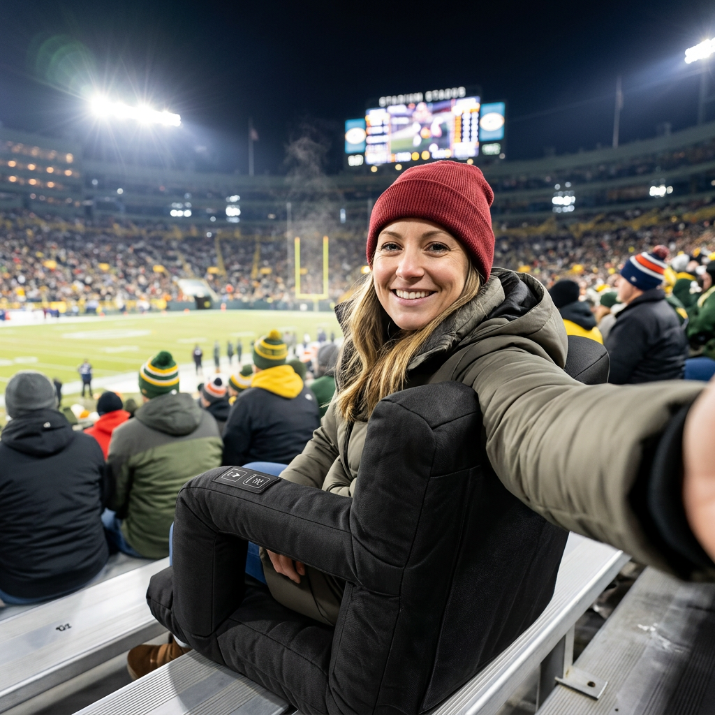 Smiling mom staying warm at a night football game