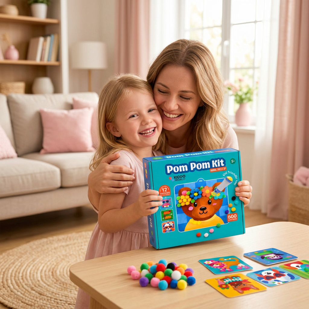 Mama przytula córkę, która z radością trzyma Pom Pom Kit