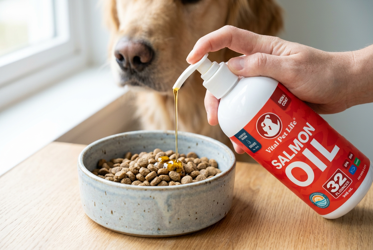 A pet parent pumping Vital Pet Life Salmon Oil onto their dog's food