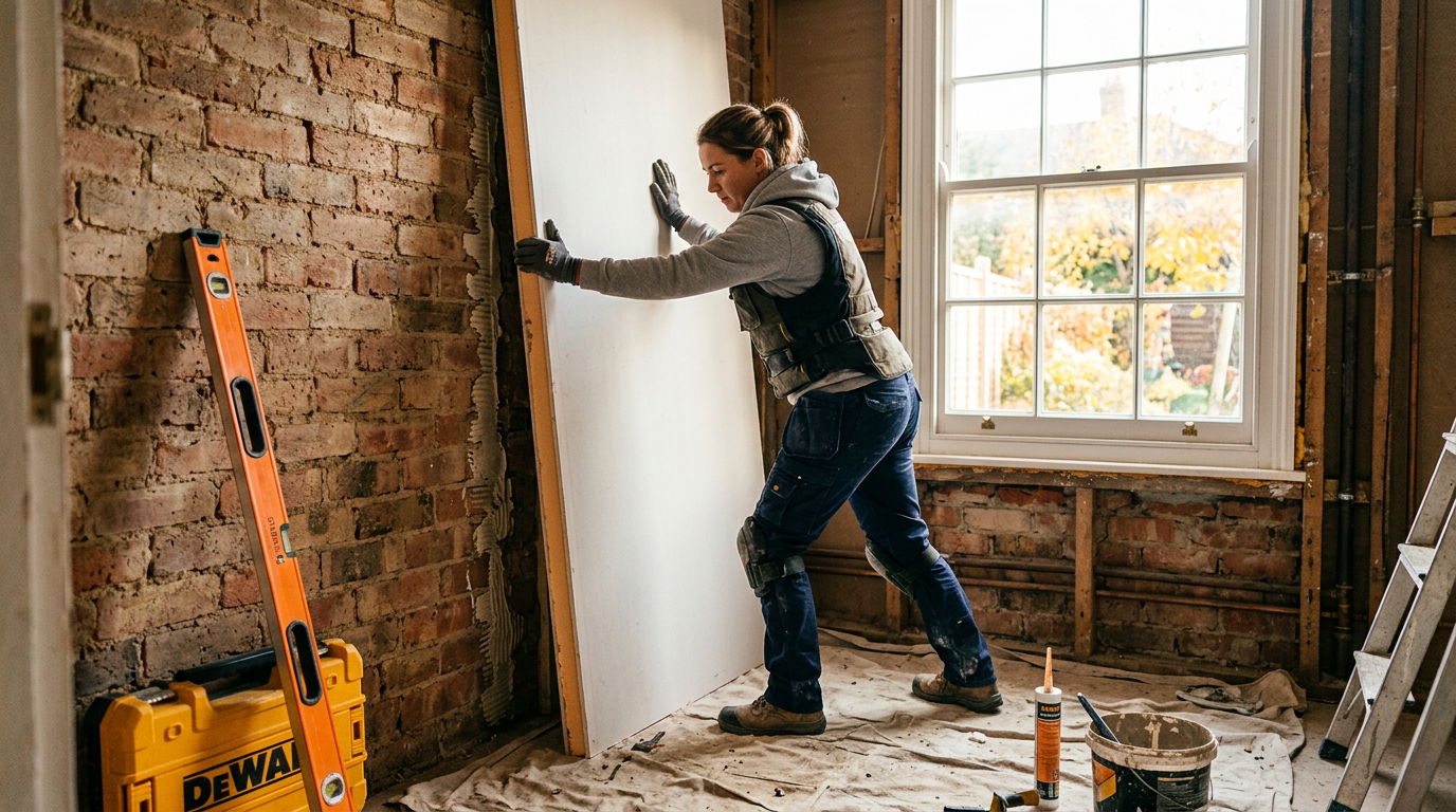 Installer pressing an insulated plasterboard sheet onto an exposed brick wall during a home renovation