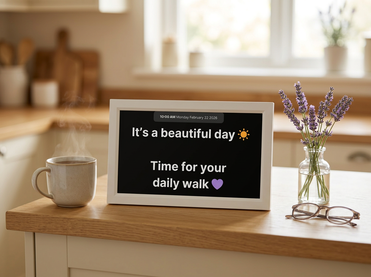 A 15.6 inch Memoryboard on a sunny kitchen counter beside a cup of tea and lavender