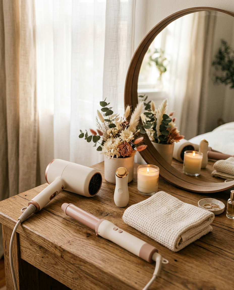 Hair dryer, styling wand and skincare device on a warm wooden vanity