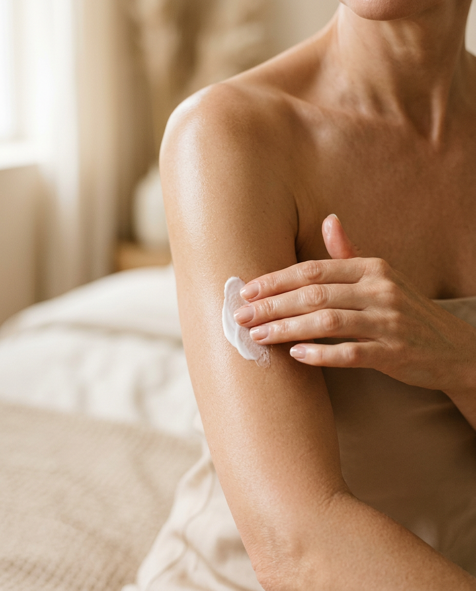 Woman applying body milk to her upper arm