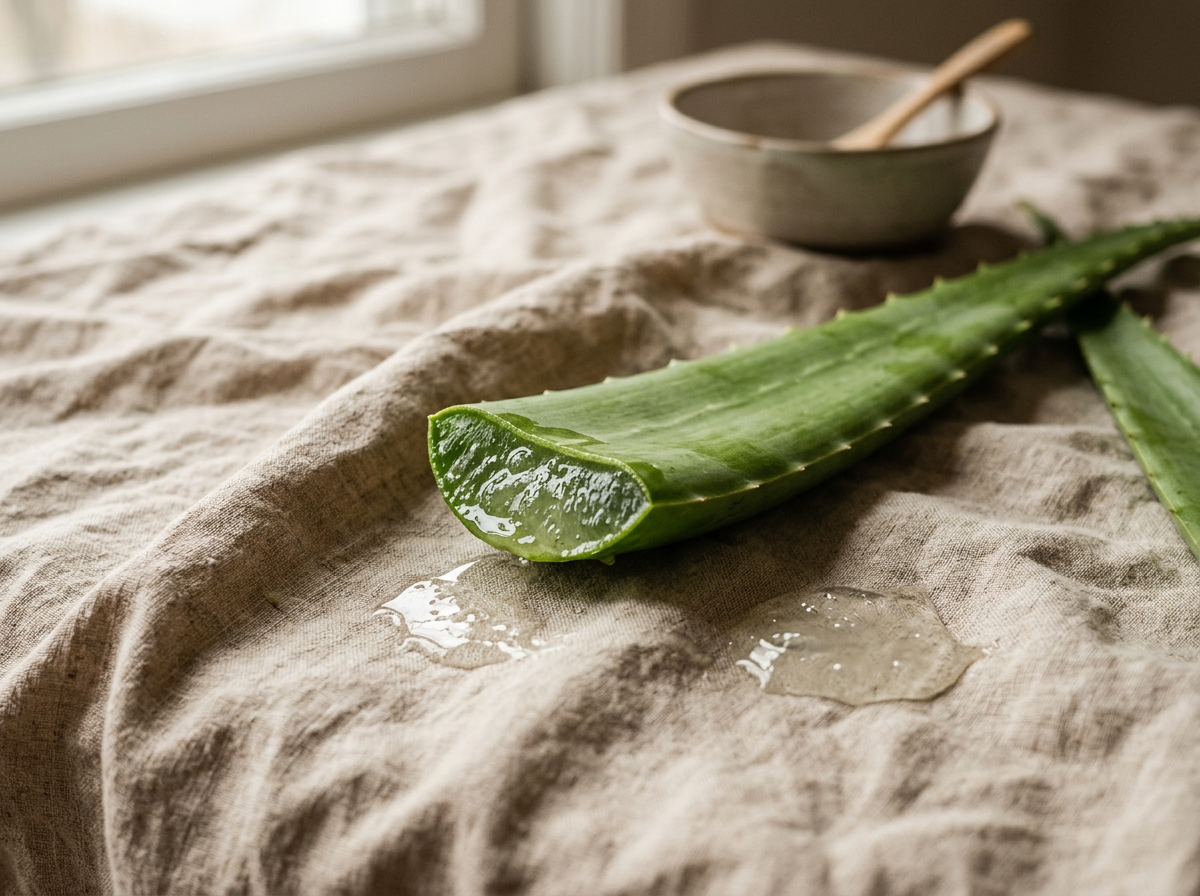 Fresh aloe vera leaf on linen