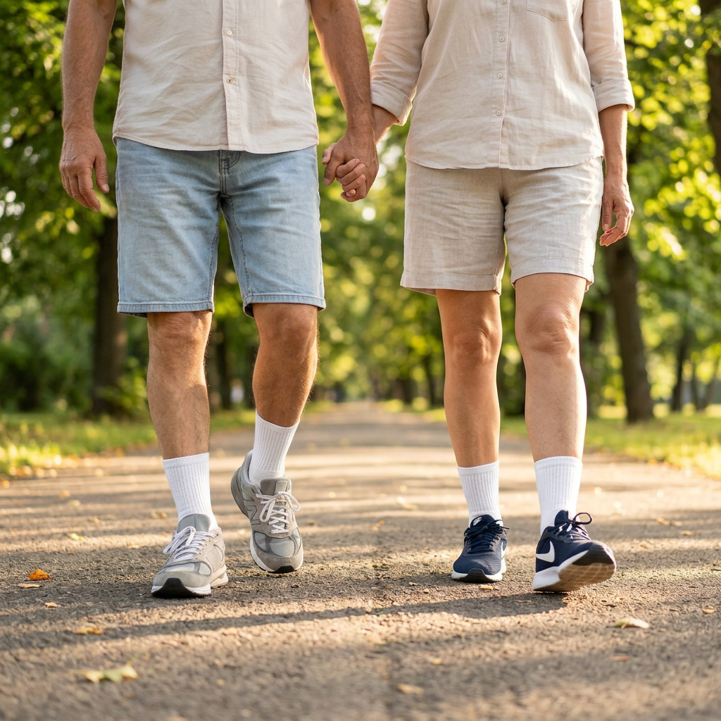 Senior couple walking in a sunny park wearing white crew socks and sneakers