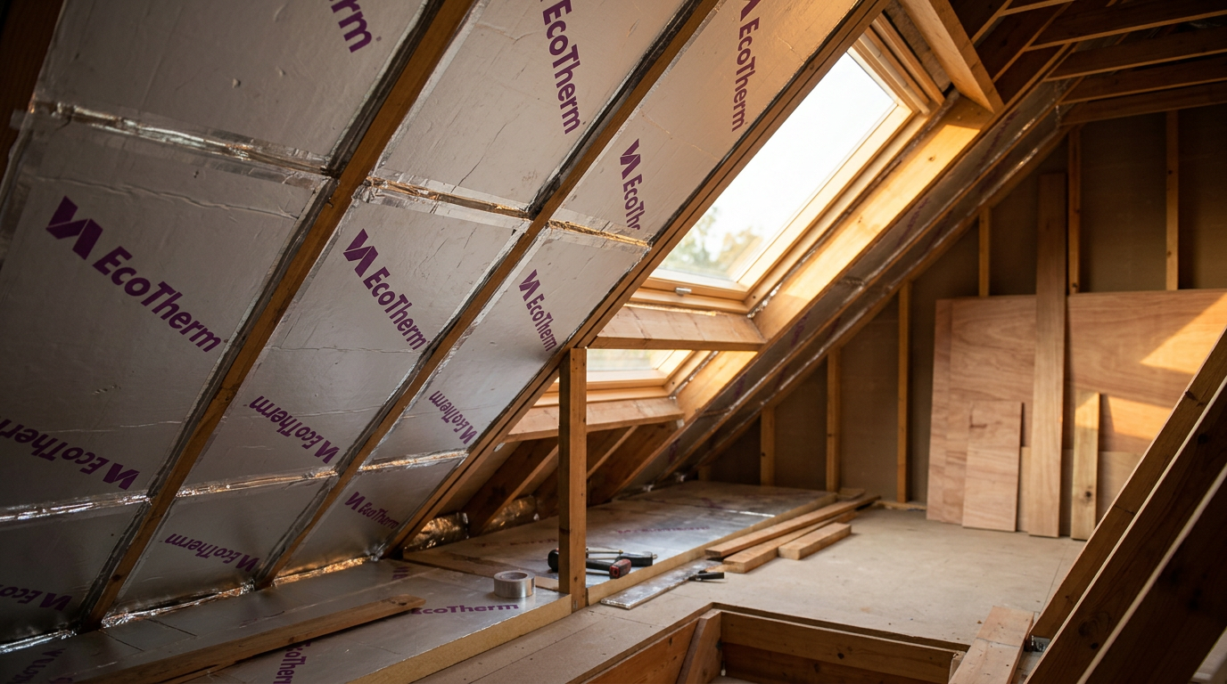 Foil-faced PIR insulation boards fitted between timber rafters in a loft conversion, joints sealed with foil tape