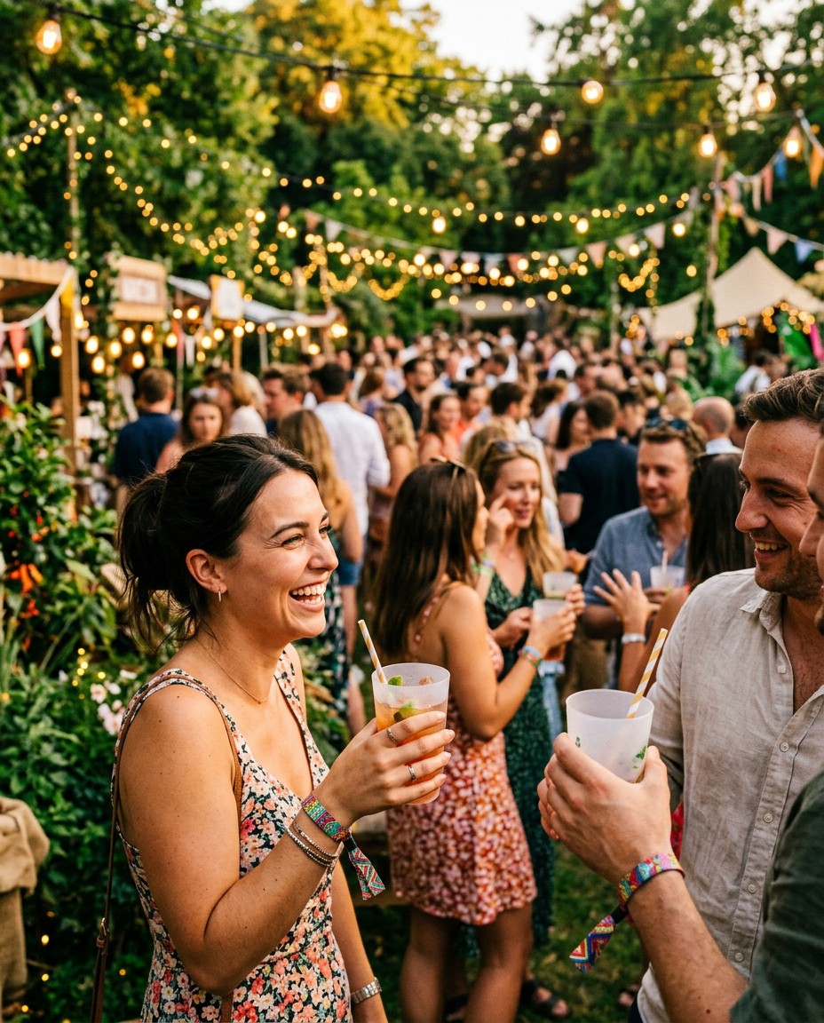 Guests at an outdoor summer event holding reusable cups
