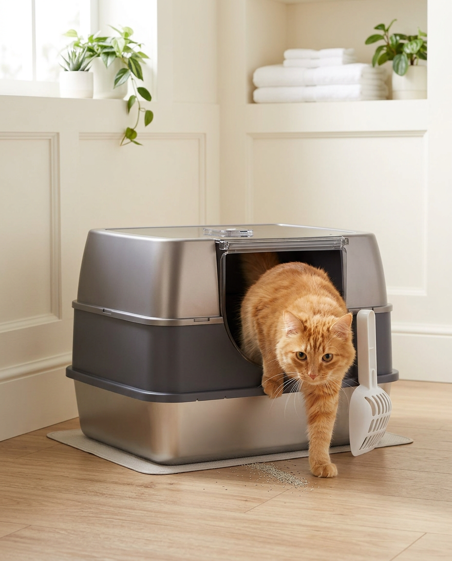 Orange cat stepping out of an enclosed stainless steel litter box
