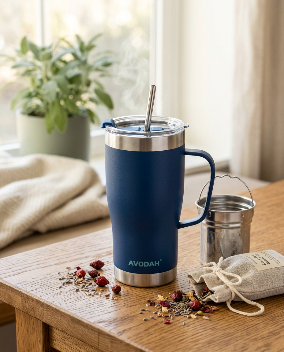 Avodah blue tea infuser mug on a wooden table beside loose-leaf herbal tea and dried flowers in morning light
