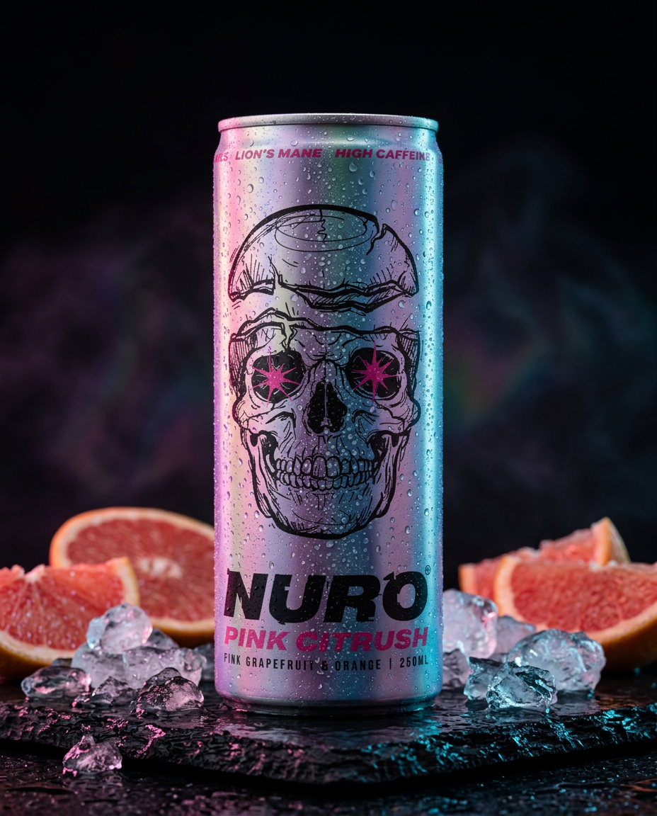 Nuro Pink Citrush can on wet black stone with ice and pink grapefruit slices
