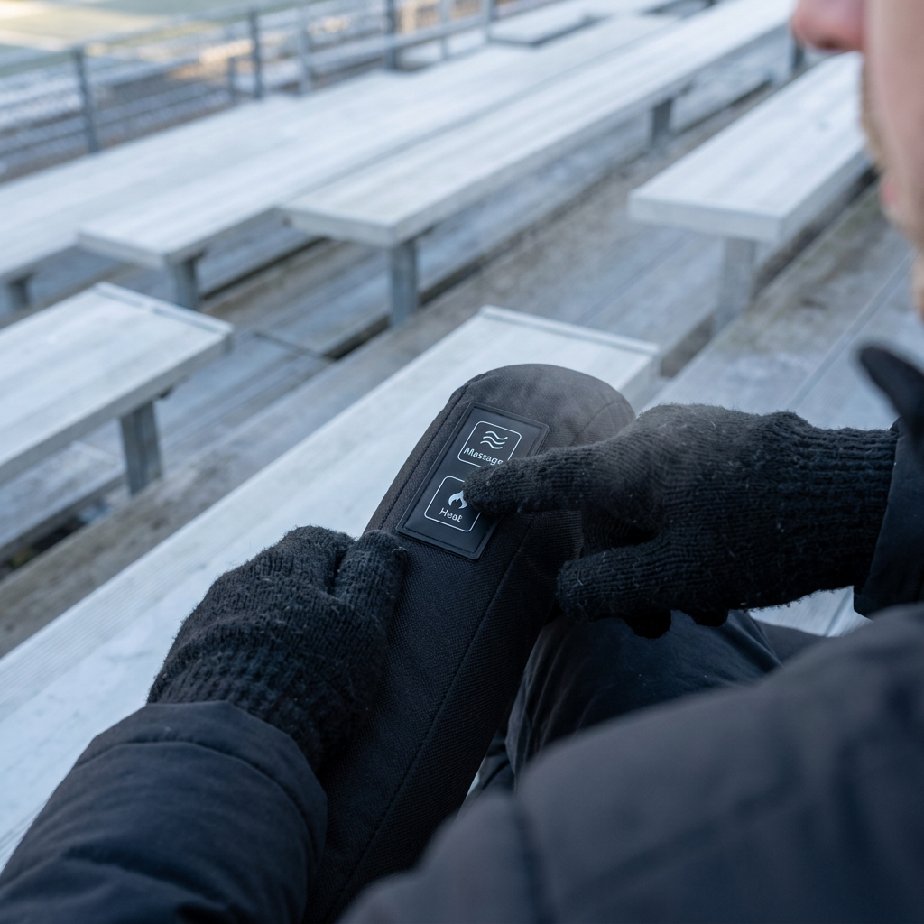 Gloved finger pressing the heat button on the armrest
