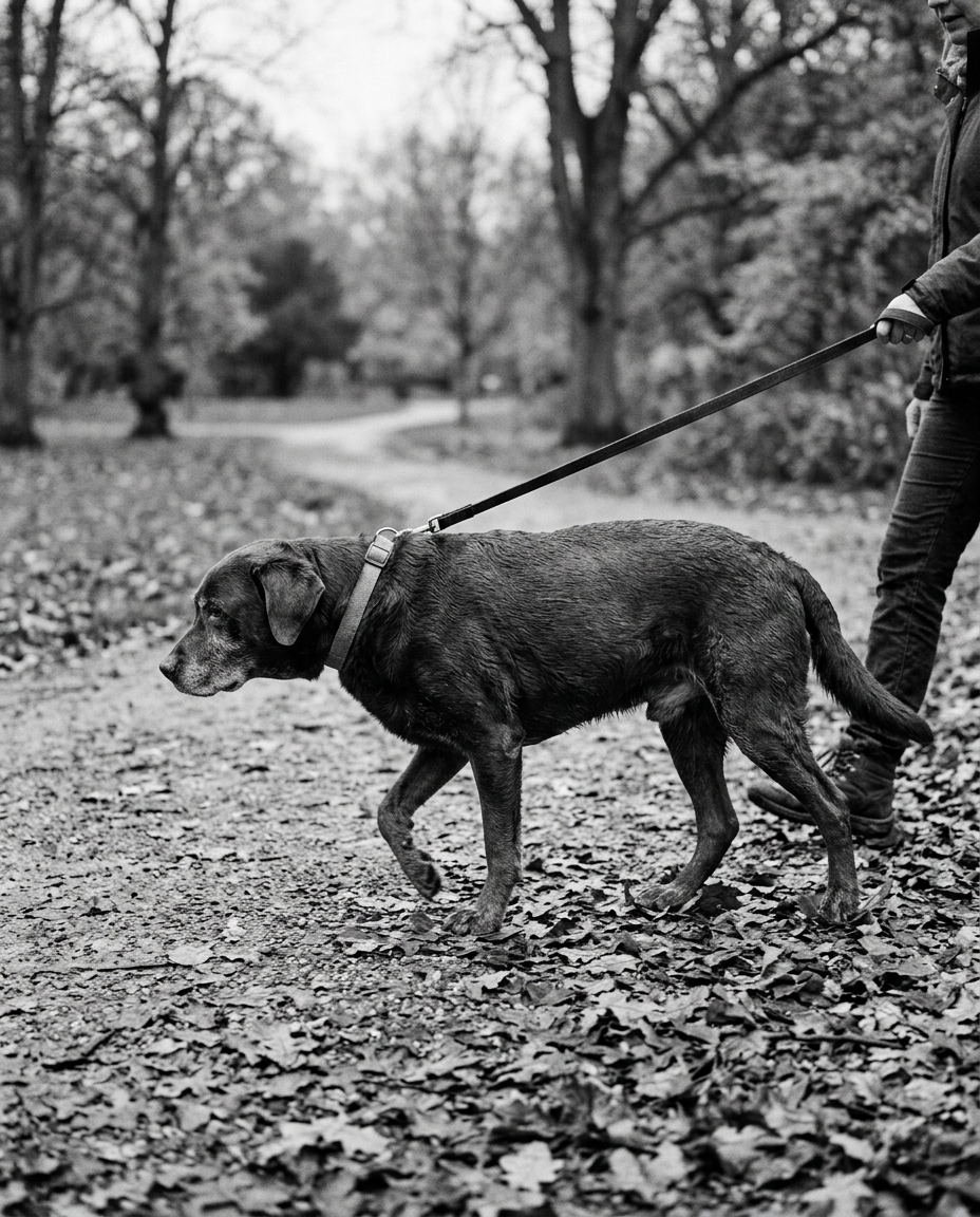 Labrador anziano al guinzaglio che cammina piano e rigido nel parco
