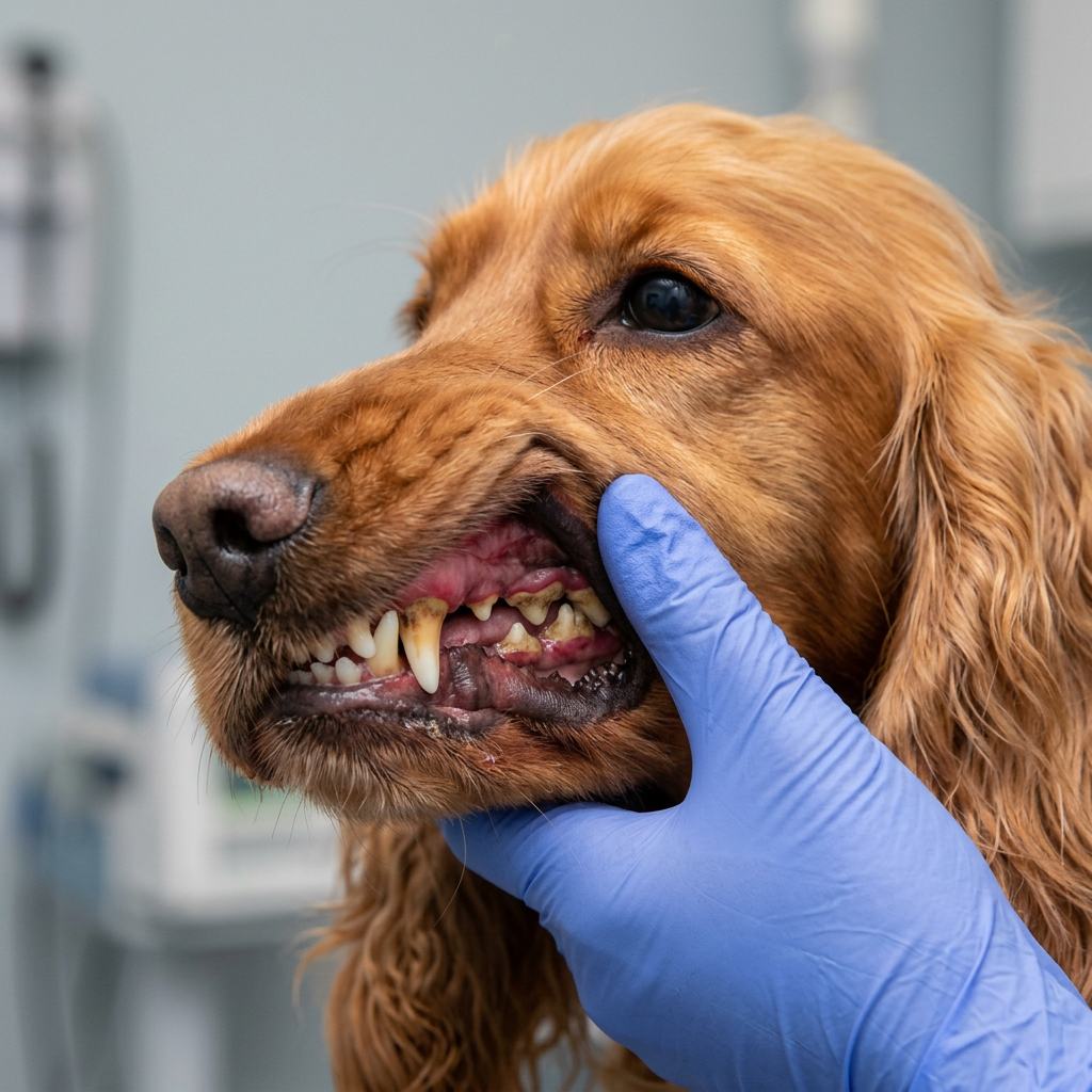 Prima: Cocker Spaniel con depositi di tartaro sui premolari e gengive infiammate
