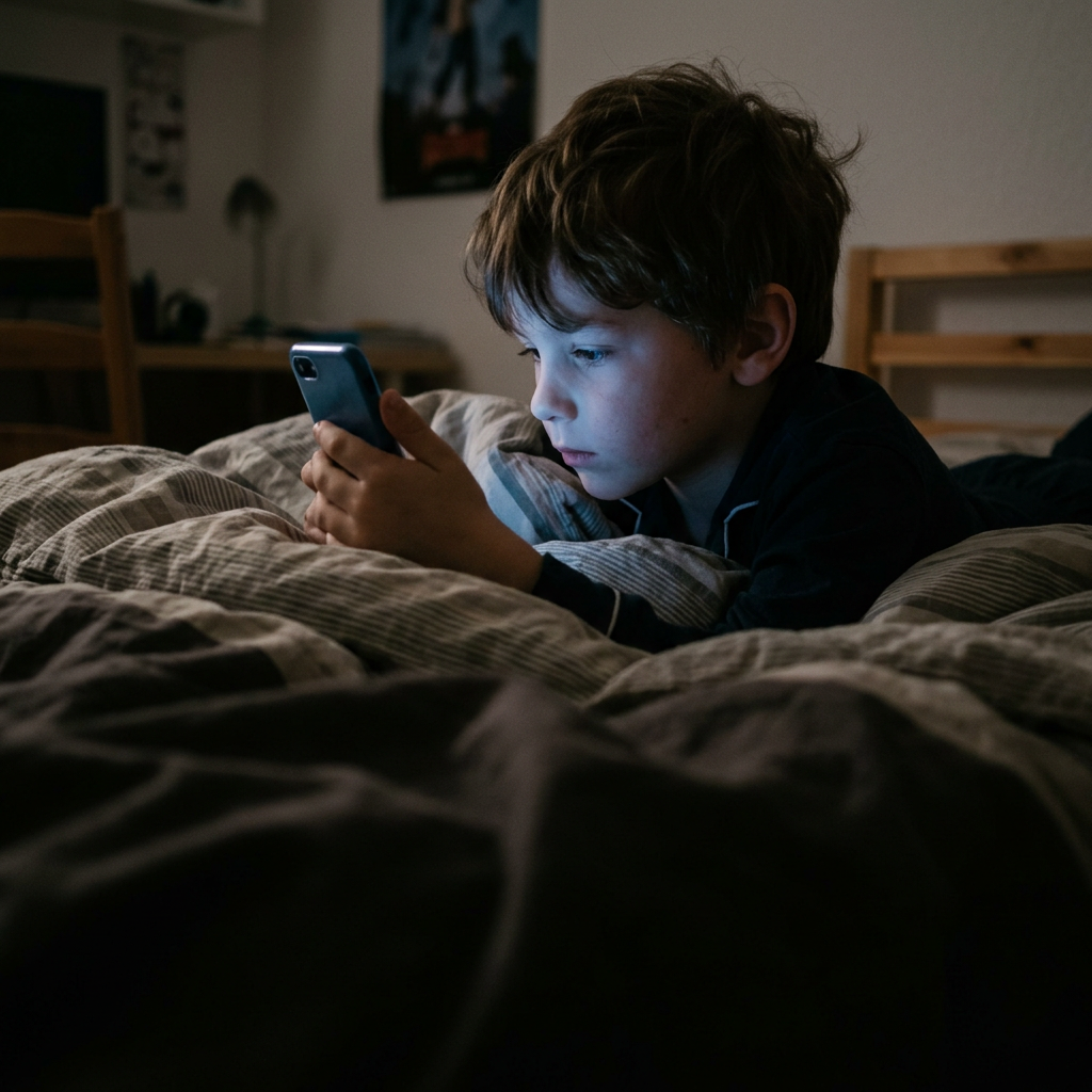 Chłopiec leży wieczorem w łóżku i w ciemnym pokoju patrzy w telefon