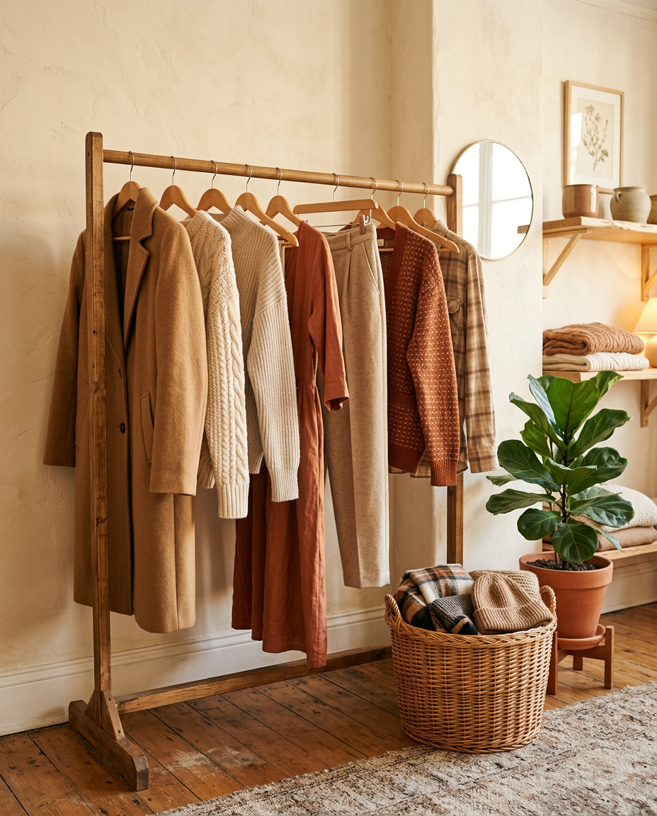 Rack of camel, cream and terracotta clothing in a cozy boutique corner