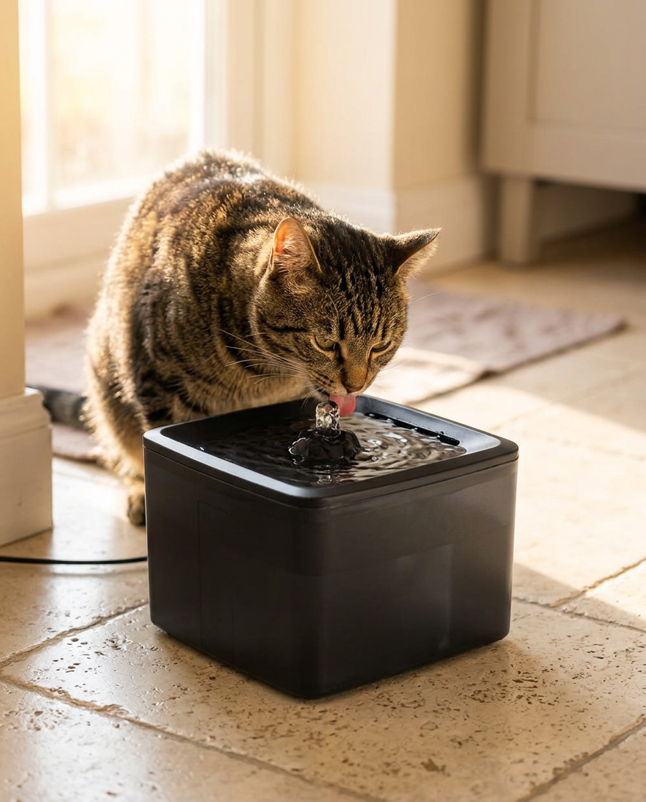 Tabby cat drinking from a pet water fountain on a kitchen floor