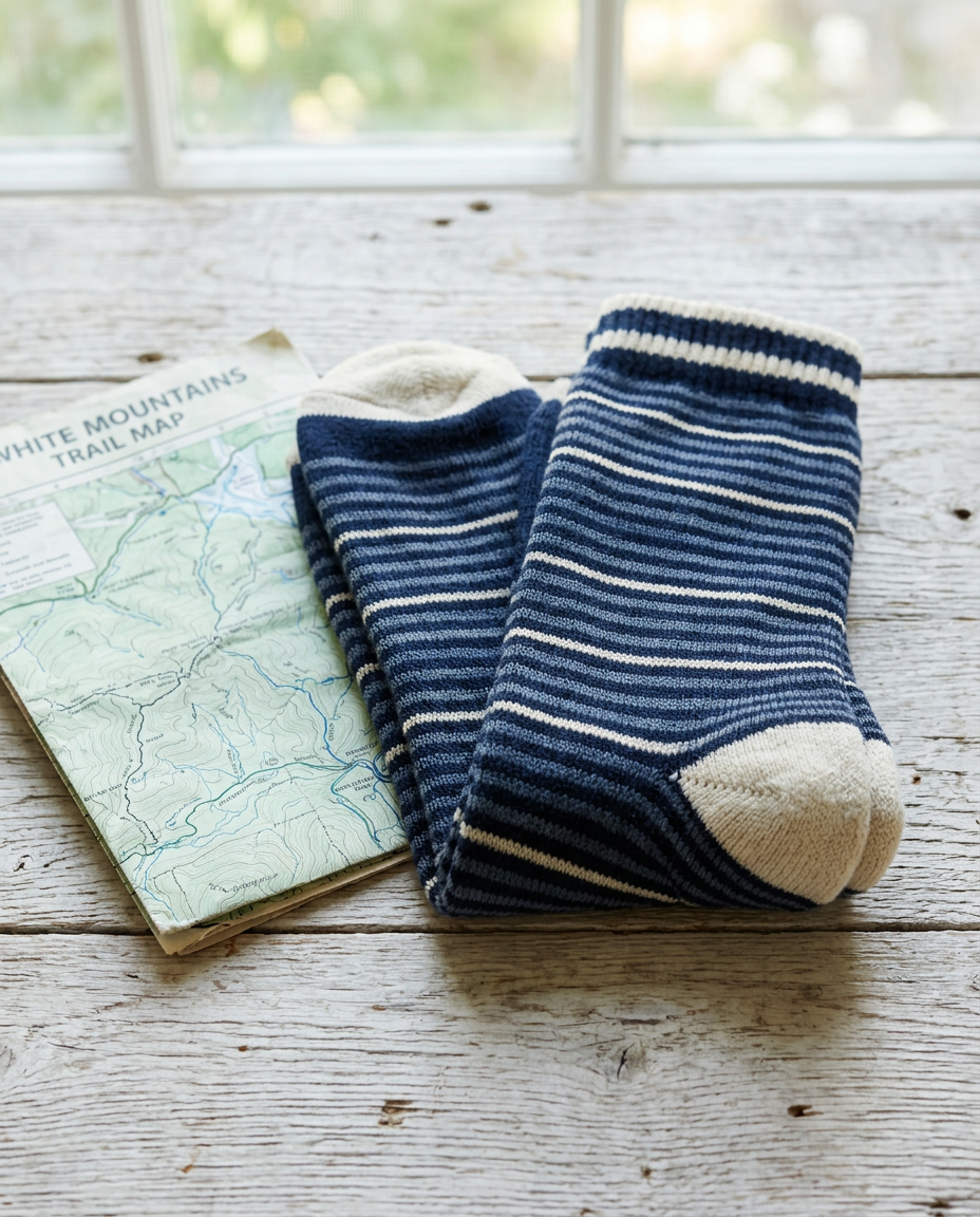 Folded pair of Navy Multi-Stripe wool compression socks next to a paper trail map