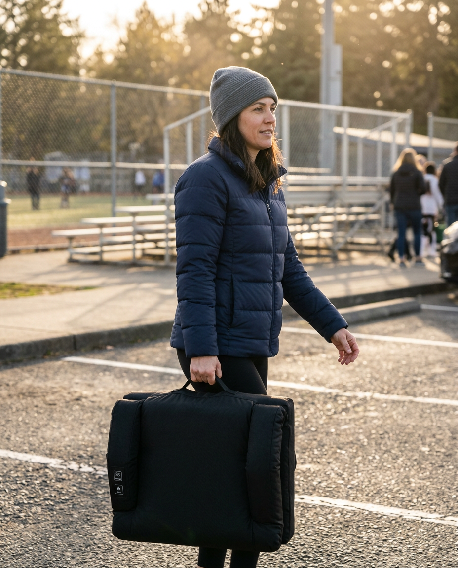 Mom carrying the folded BleacherBoss seat to the car