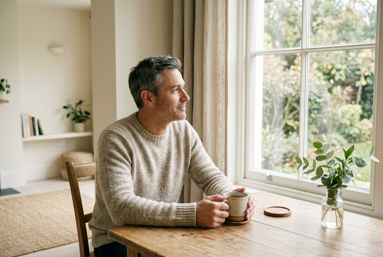 A man in his 40s sitting calmly at a wooden table by a sunlit window with a cup of tea