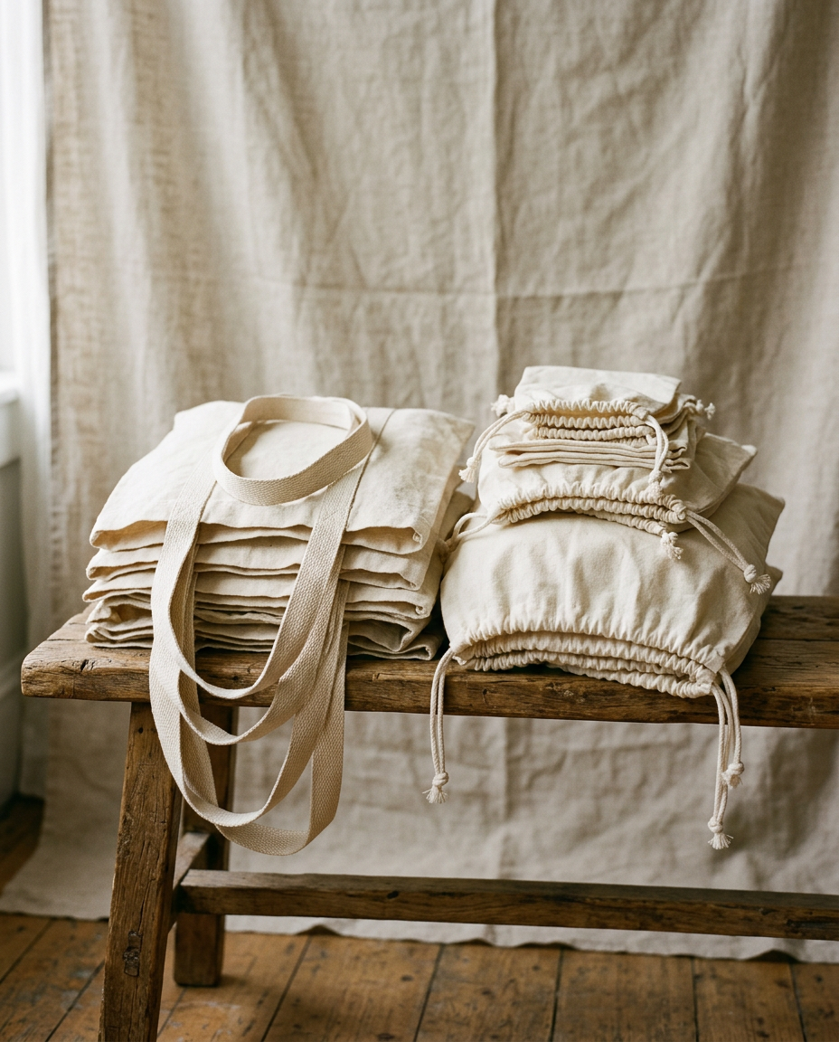 Stack of recycled cotton drawstring and tote bags