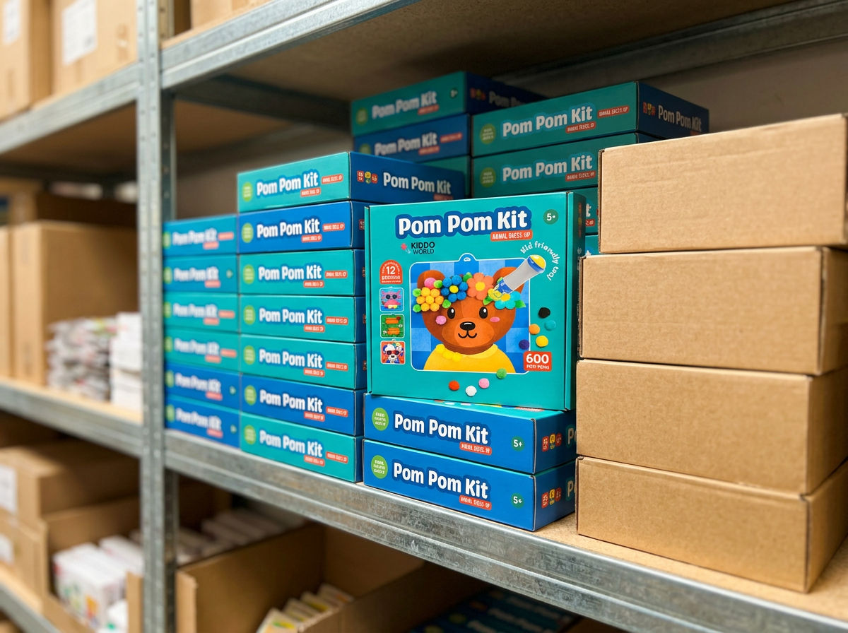 Pom Pom Kit készletek egymásra rakva a raktárpolcon