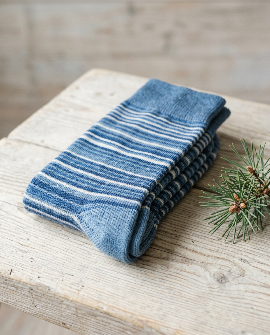 Folded pair of Denim Multi-Stripe wool compression socks on a weathered wooden bench
