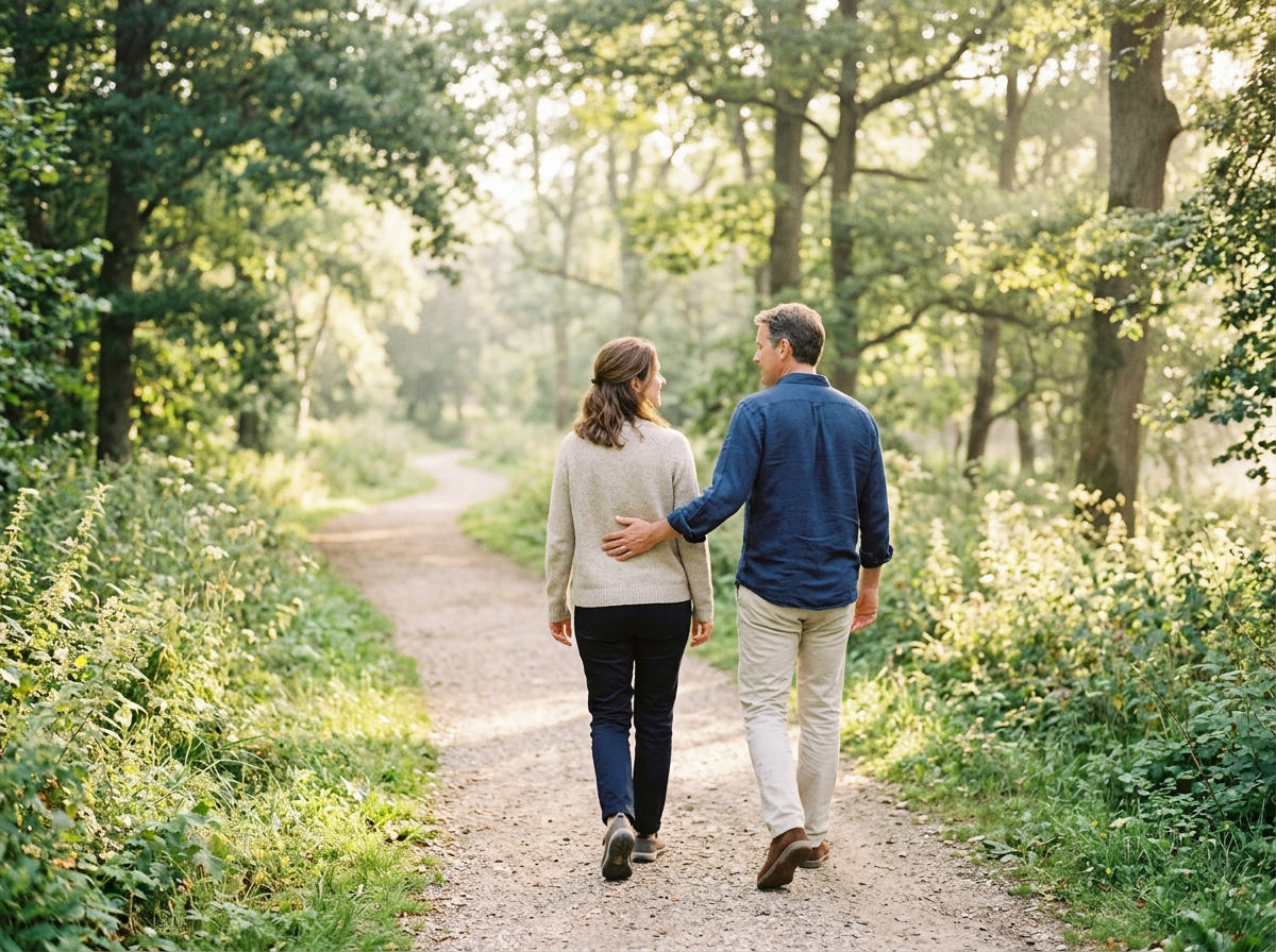 Two people on a relaxed morning walk along a leafy park path
