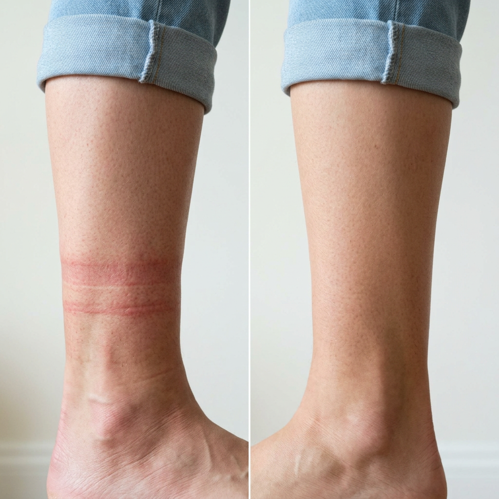 Side by side: deep red elastic marks from regular socks next to smooth, unmarked skin