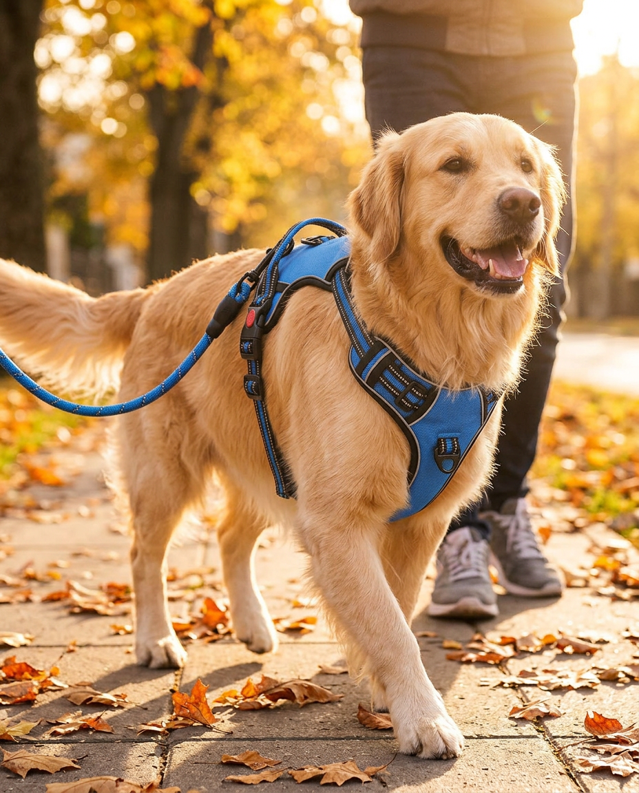 Happy large dog wearing a no-pull harness on a sunny autumn walk