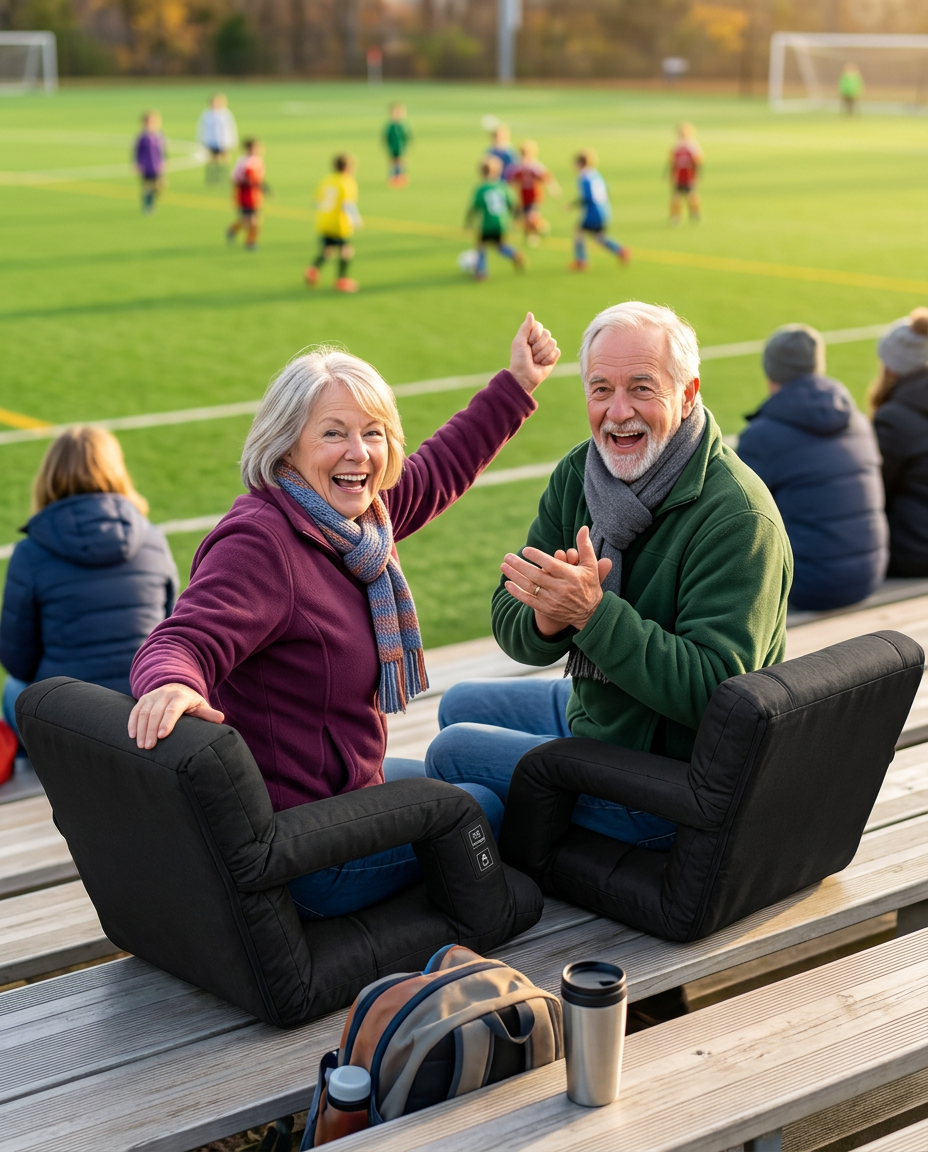 Grandparents cheering in heated seats at a soccer tournament