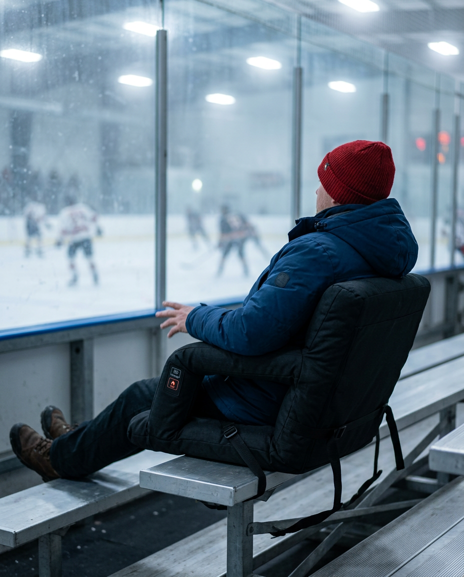 Seat strapped onto rinkside bleachers