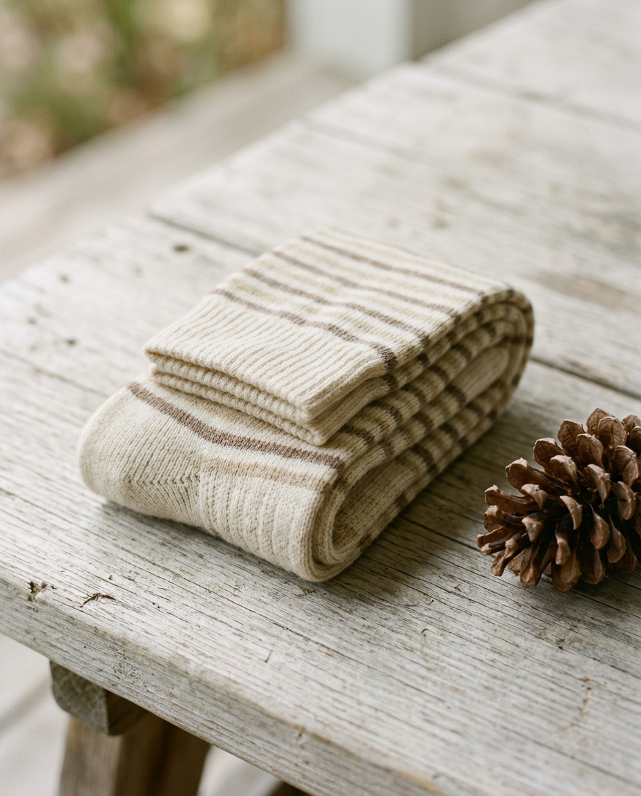 Folded pair of Cream Multi-Stripe wool compression socks beside a pinecone