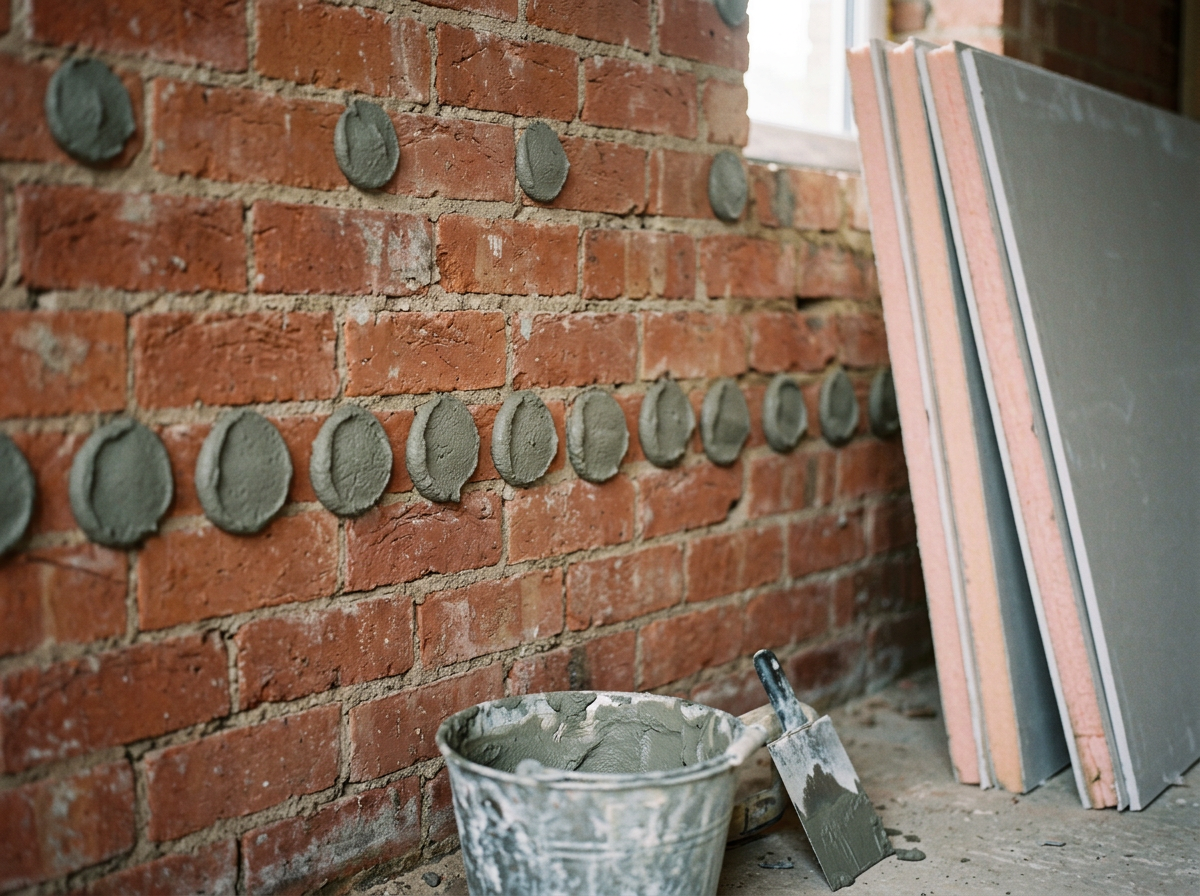 Rows of dot-and-dab adhesive applied to a bare brick wall, with insulated plasterboard sheets stacked nearby