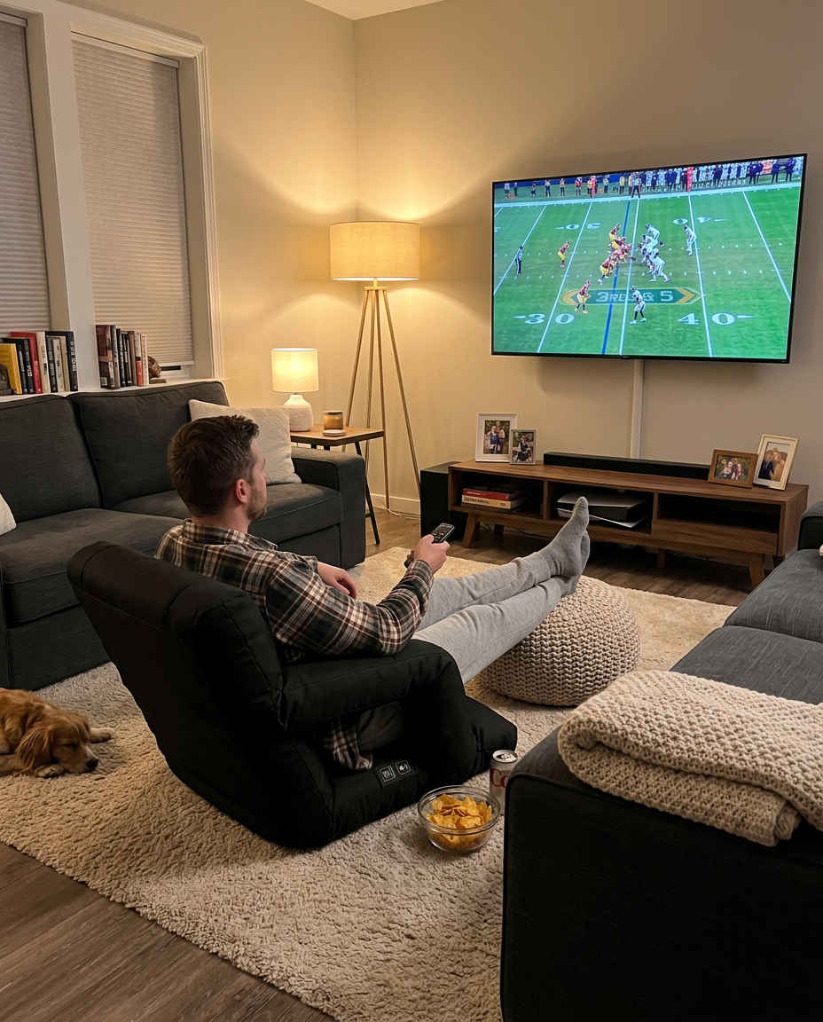 Fan relaxing in the seat at home during a football game