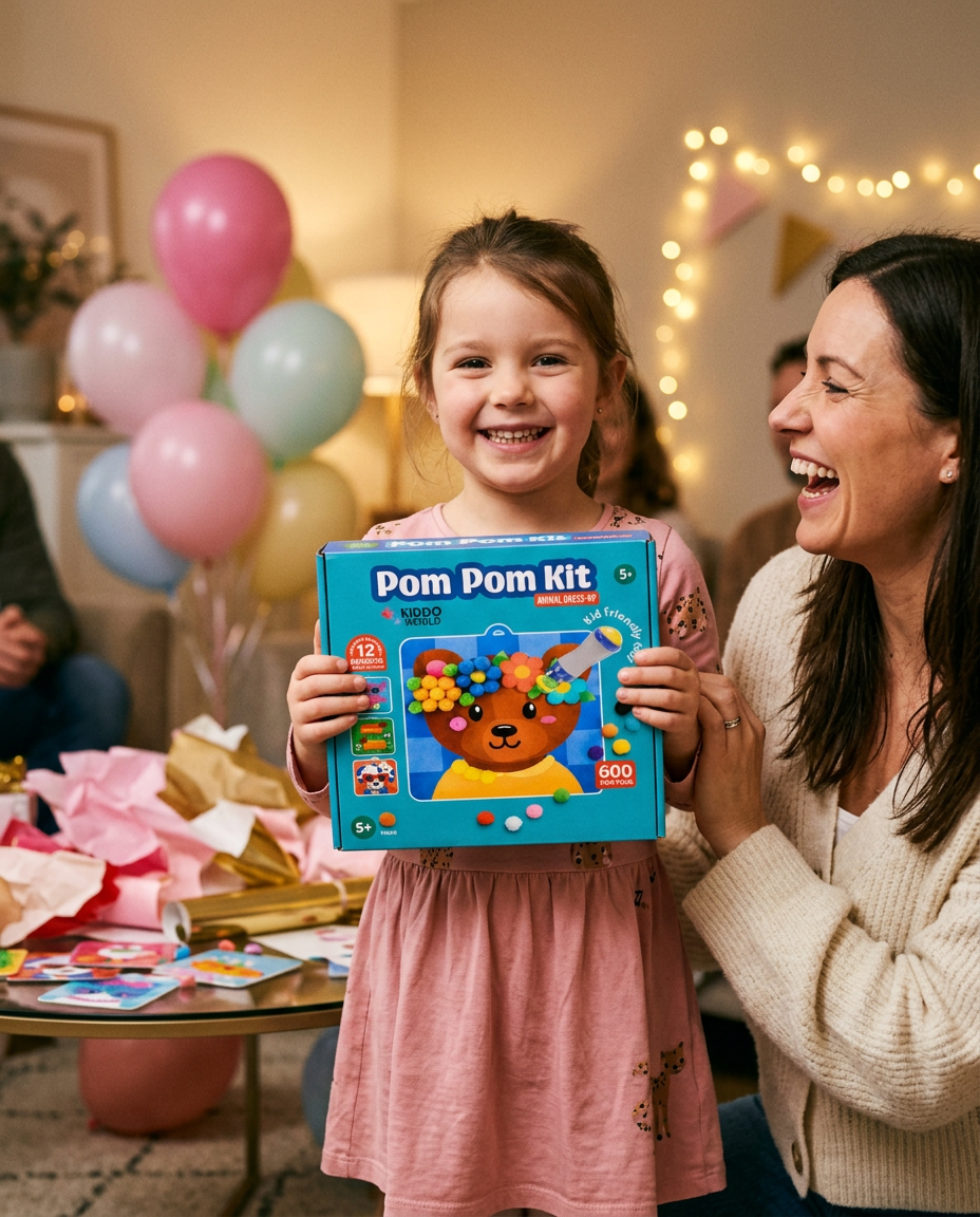 Dziewczynka na przyjęciu urodzinowym z radością pokazuje rozpakowany Pom Pom Kit, obok śmieje się mama