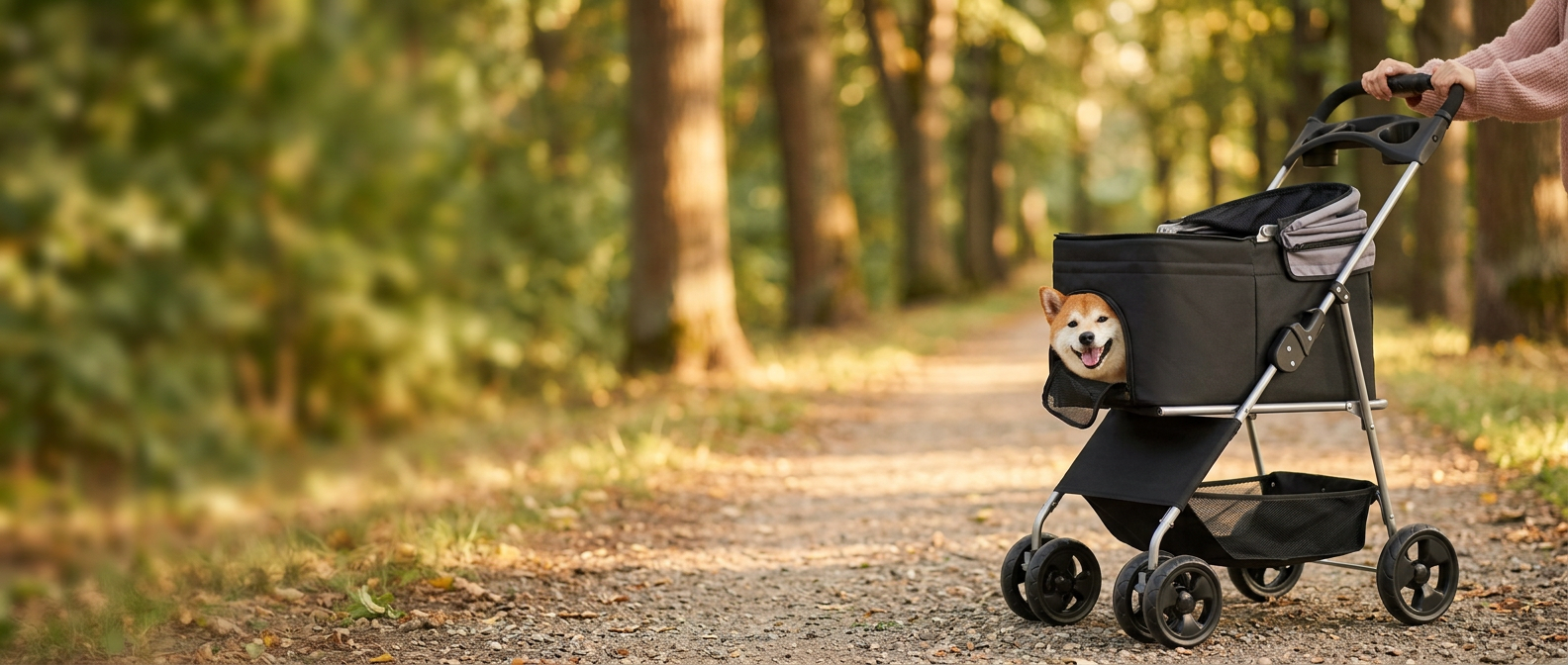 Small dog peeking out of a mesh pet stroller on a sunny tree-lined park path