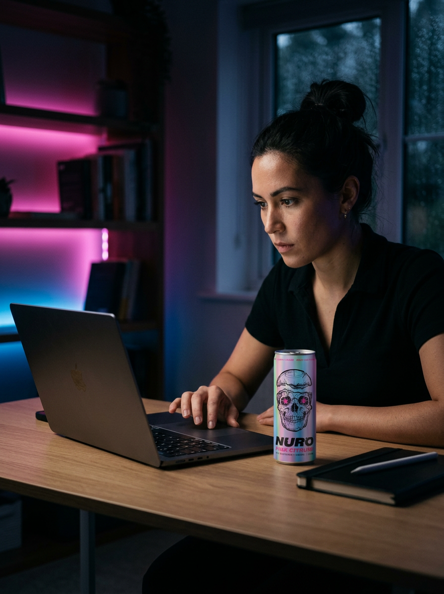 Woman working at a laptop in the evening with a can of Nuro Pink Citrush beside her