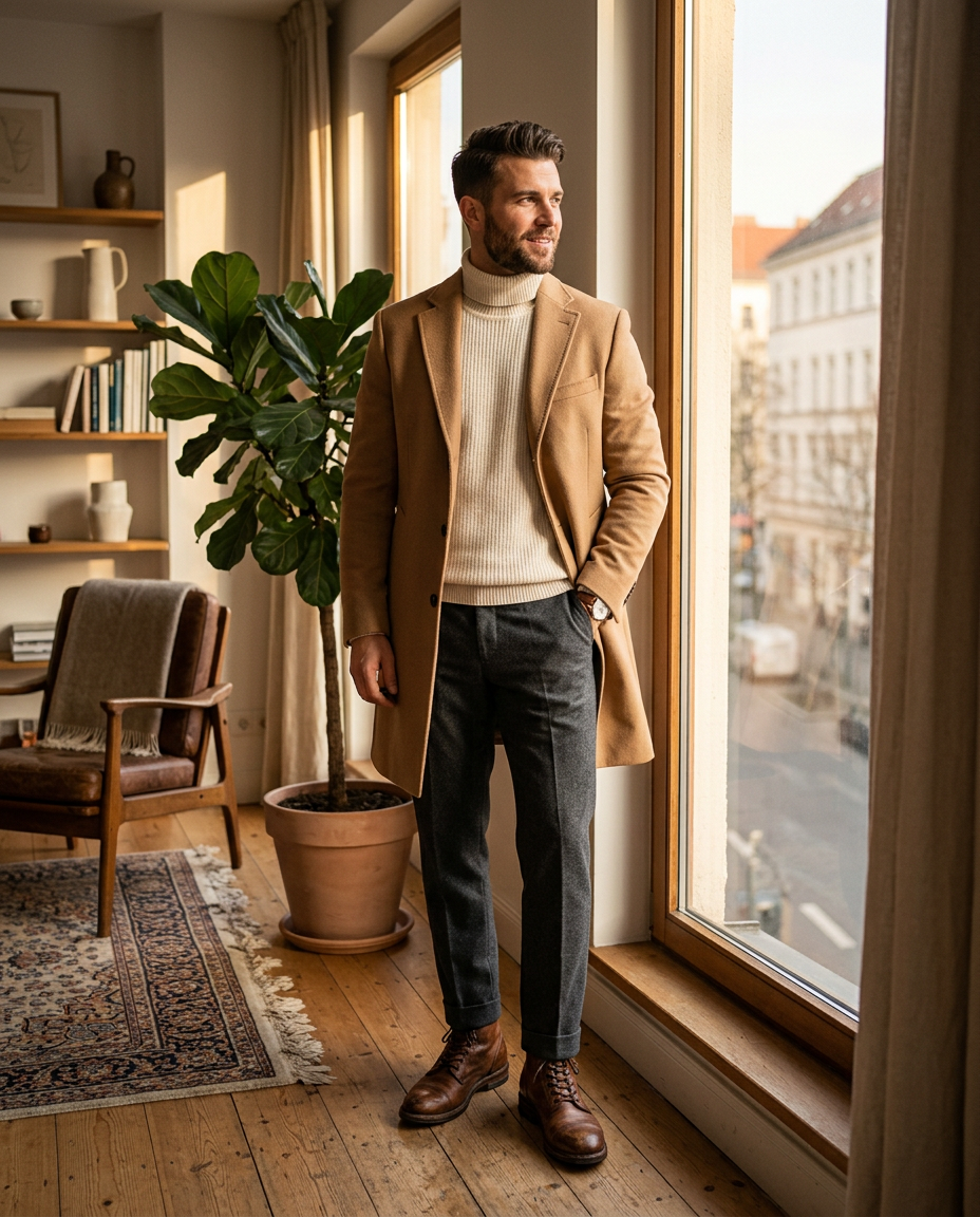 Man in a camel overcoat, cream turtleneck and charcoal trousers by a sunlit window