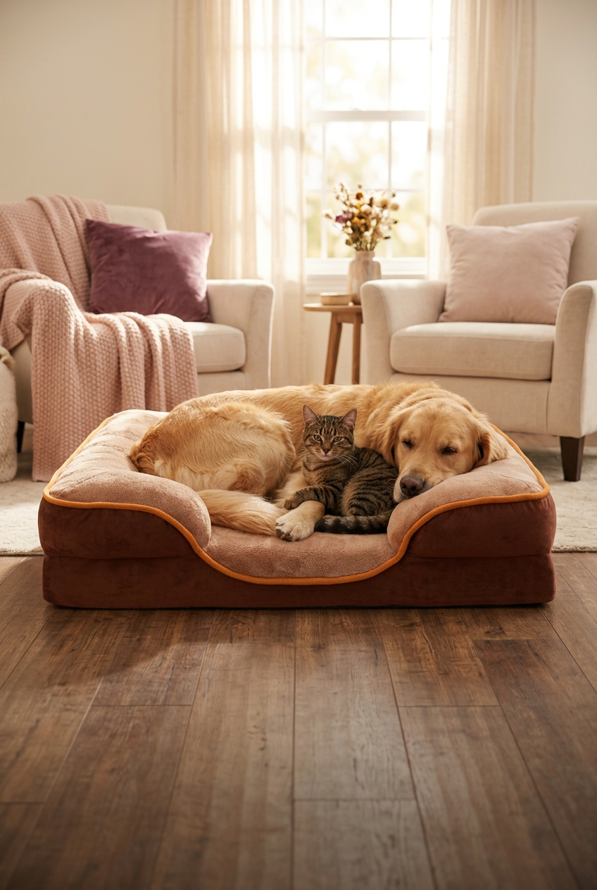 Golden retriever resting on an orthopedic dog bed beside a tabby cat in a cozy living room