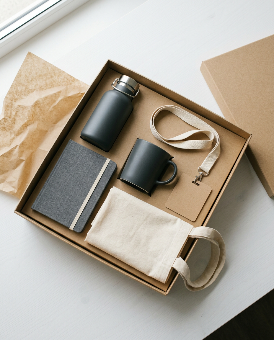 New starter welcome kit laid out in a kraft box