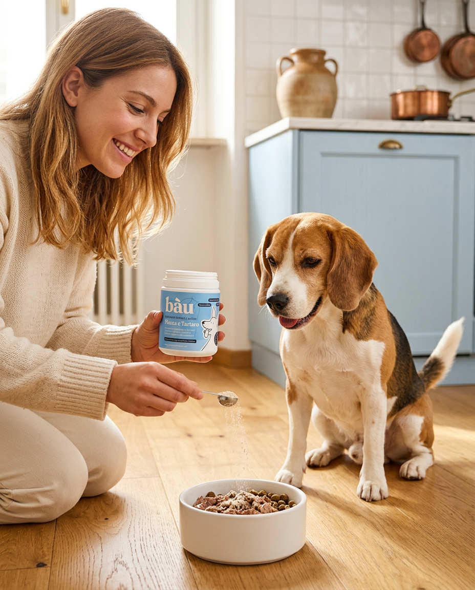 Ragazza sorridente che tiene il barattolo Placca e Tartaro e spolvera la polvere con il misurino nella ciotola del suo beagle