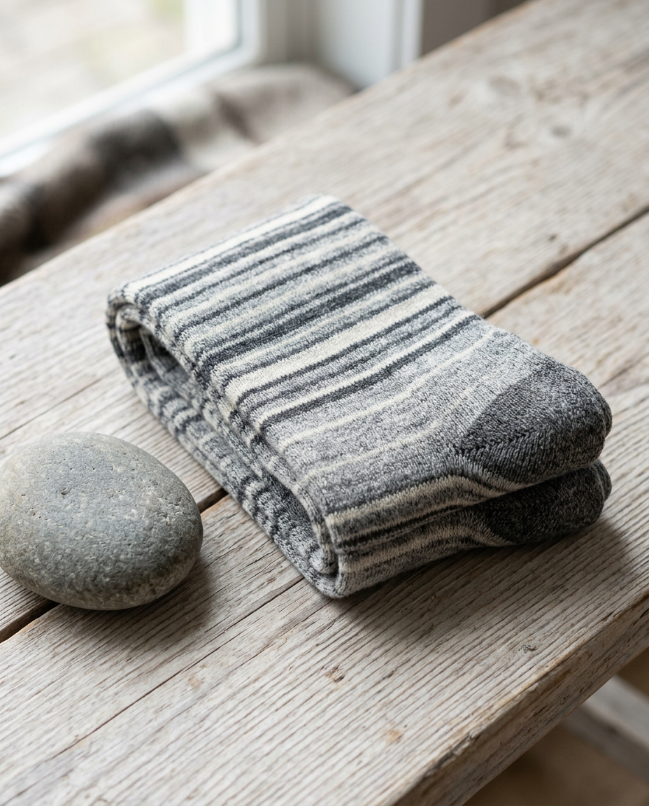 Folded pair of Heather Grey Multi-Stripe wool compression socks beside a smooth river stone