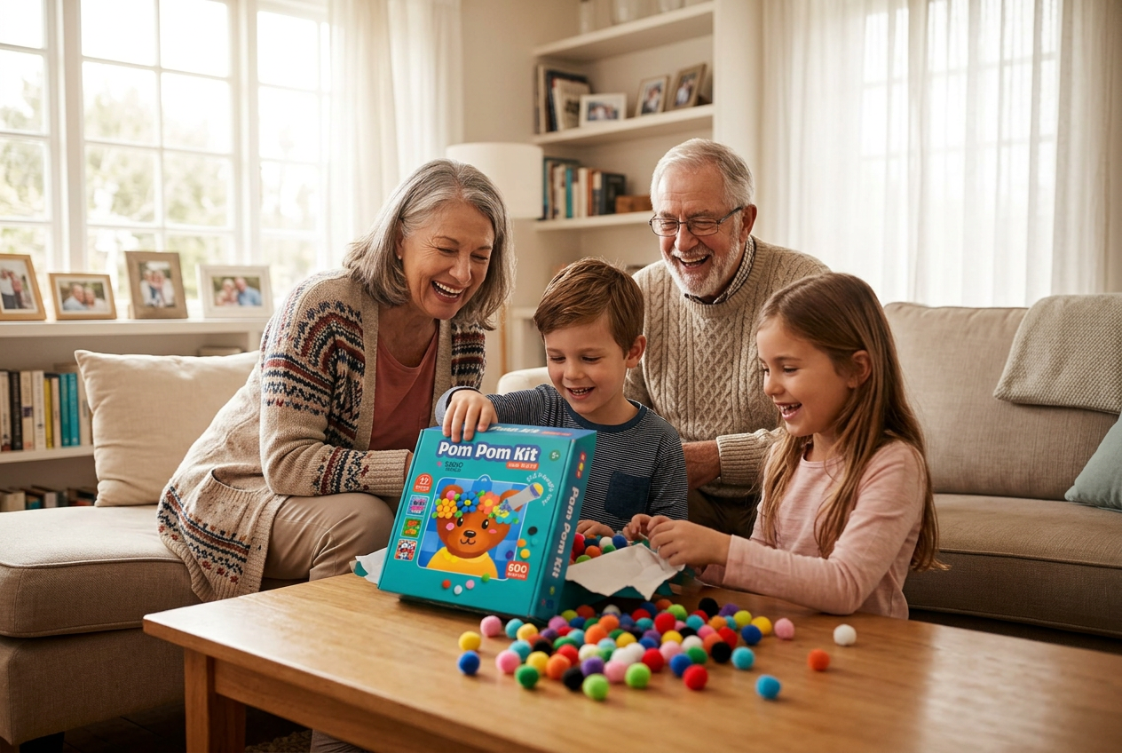 Babcia i dziadek śmieją się, gdy wnuki rozpakowują Pom Pom Kit