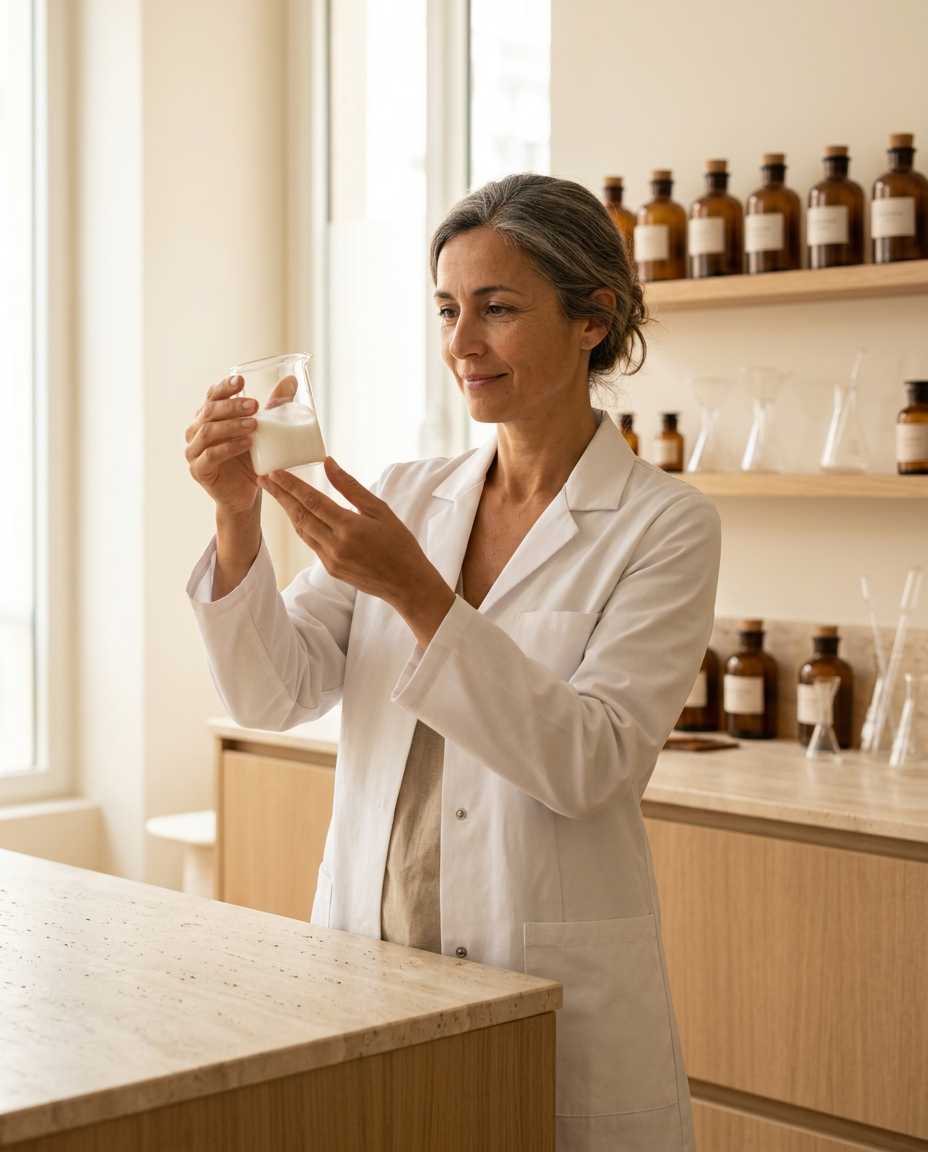 Pharmacist in a white lab coat examining a sample of the body milk in the formulation lab