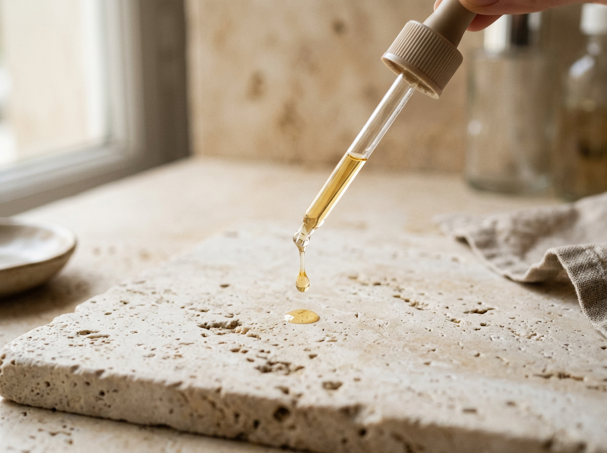 Serum droplet on travertine