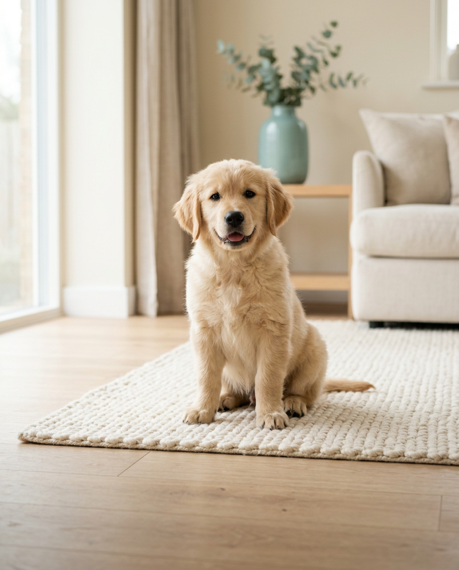 Golden retriever puppy sitting on a rug at home