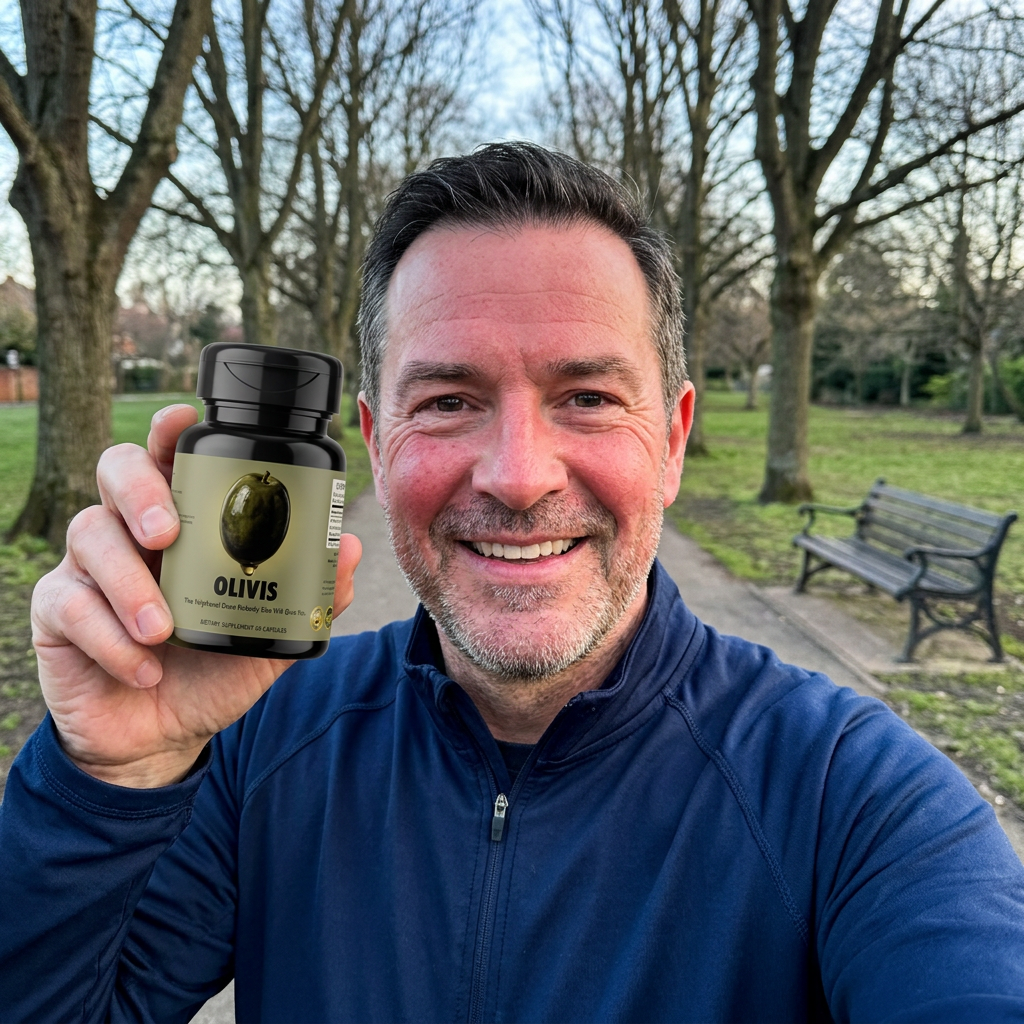 Daniel, 55, outdoors in a running jacket holding a bottle of Olivis