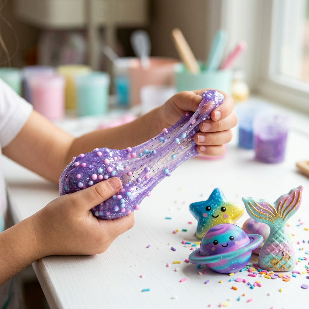Dětské ruce mačkají měkký třpytivý squishy ze slizu, vedle leží hotové squishies