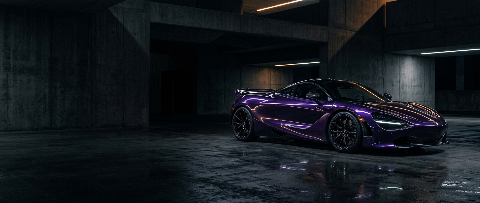 Violetter McLaren 750S bei Nacht in einer minimalistischen Betonarchitektur