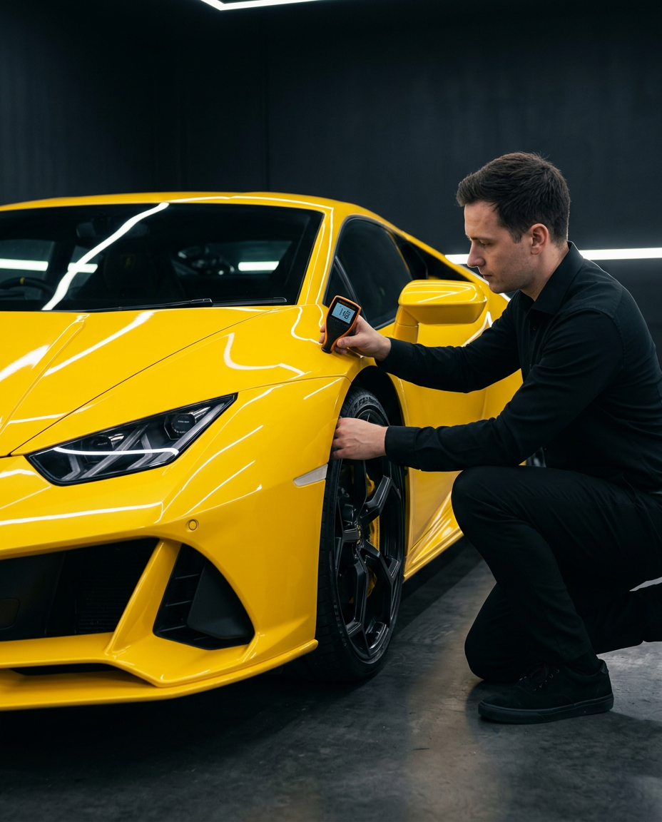 Lackschichtmessung am Kotflügel eines gelben Lamborghini Huracán